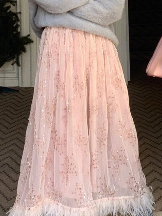 American Vintage Pink Sequin Maxi Skirt Women High Waist Slim Fit Long Skirt Feather Hem Elegant Sweet Shiny Party Date Outfit