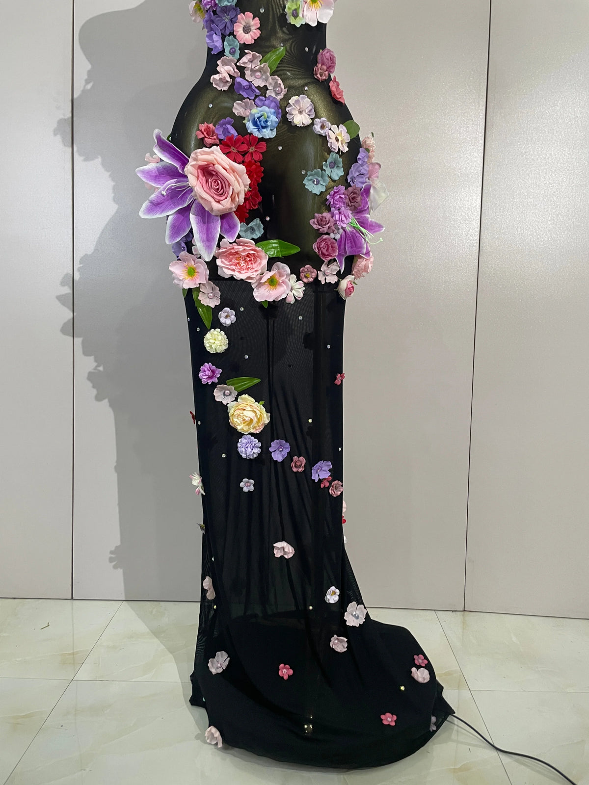 Sexy Halter Mesh See Through Long Dress Women Sparkly Diamonds 3D Flower Evening Party Birthday Photoshoot Nightclub Stage Wear