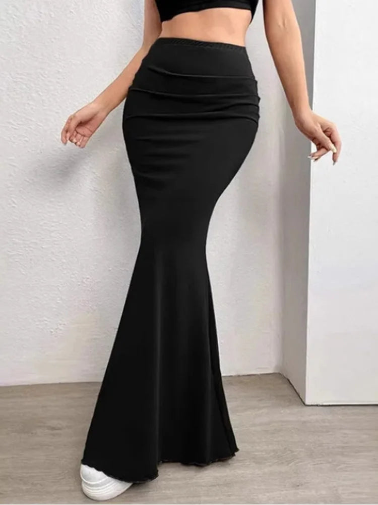 Solid Bodycon Ruched Long Skirt Women Sexy Black Elastic Elegant High Waist Mermaid Maxi Skirts Summer Streetwear