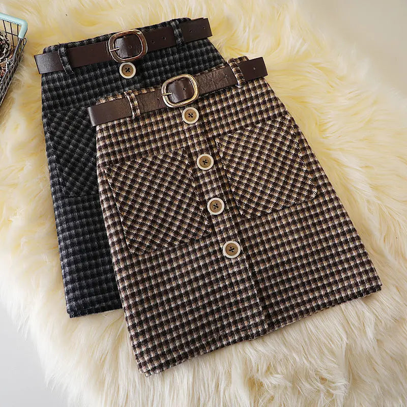 Women's Button-Detail Checked A-Line Skirt