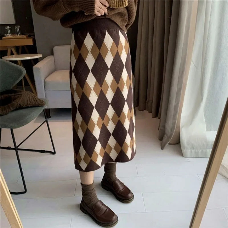 Women Autumn Winter Argyle Plaid Knit Midi Skirt Vintage Preppy Style Black White Casual Bottoms