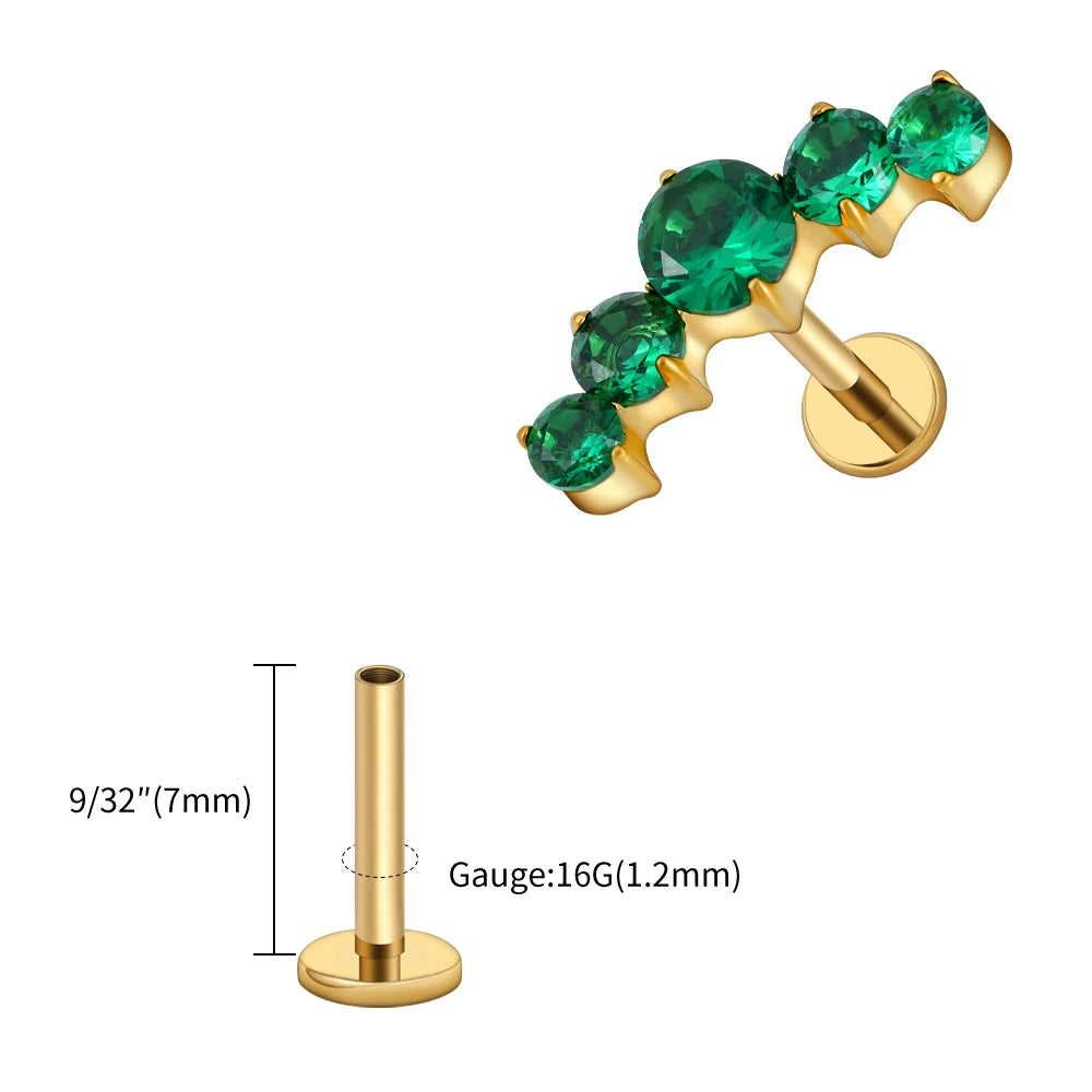 Right Grand ASTM F136 Titanium 16G CZ Cluster Flat Back Labret Stud Curved CZ Bar Climber Earring Helix Cartilage Stud Piercing