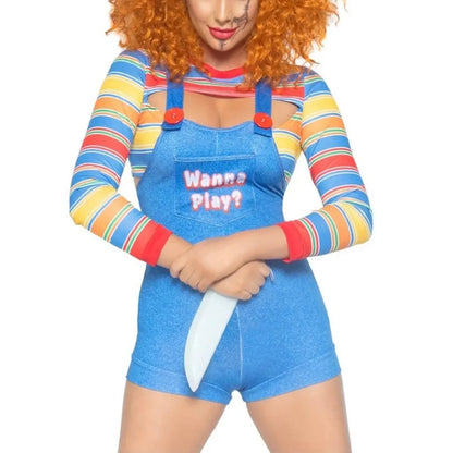 hirigin Women 2 Pcs Halloween Costumes Scary Nightmare Killer Doll Wanna Play Movie Character Costume Set Sling Jumpsuits