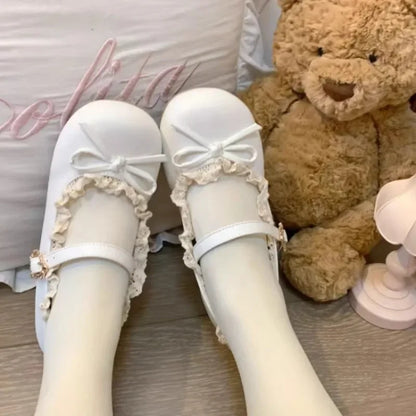 Women's Fashion Single Shoes Spring New Round Head Shallow Mouth Butterfly Knot Metal Buckle Soft Sole Non-slip Flat Shoes