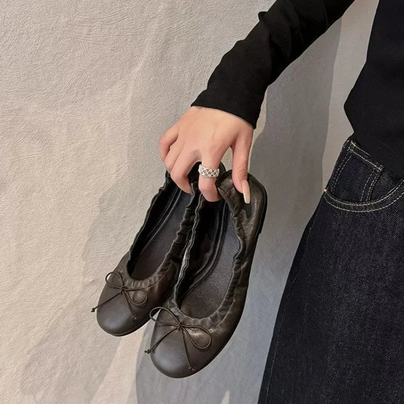 2026 Elegant Retro Red Bowknot Ballet Shoes for Women Soft Flat Loafers for Women's All Match Commuting Footwear Zapatos Mujer