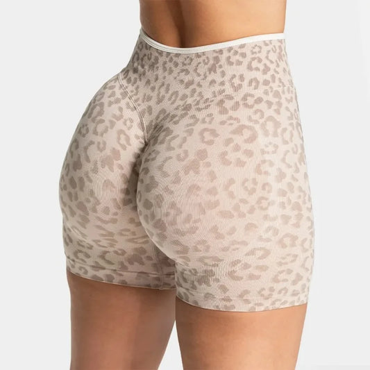 Summer Women's Seamless Leopard Print Sports Shorts White Border Contrasting High Waist Leggings Gym Yoga Exercise Sports Shorts