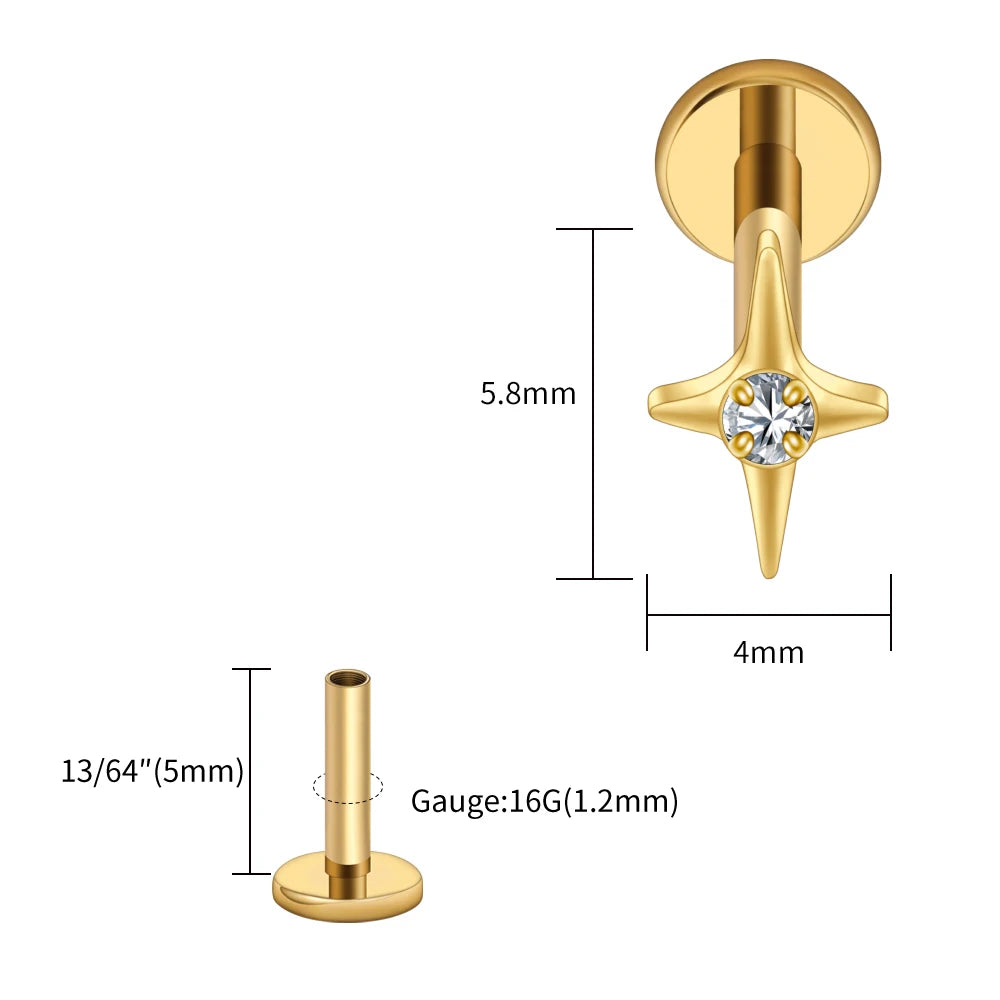 Right Grand ASTM F136 Titanium Four Point Star Flat Back Stud 16G Tiny CZ Cartilage Earring Helix Tragus Nose Piercing Jewelry