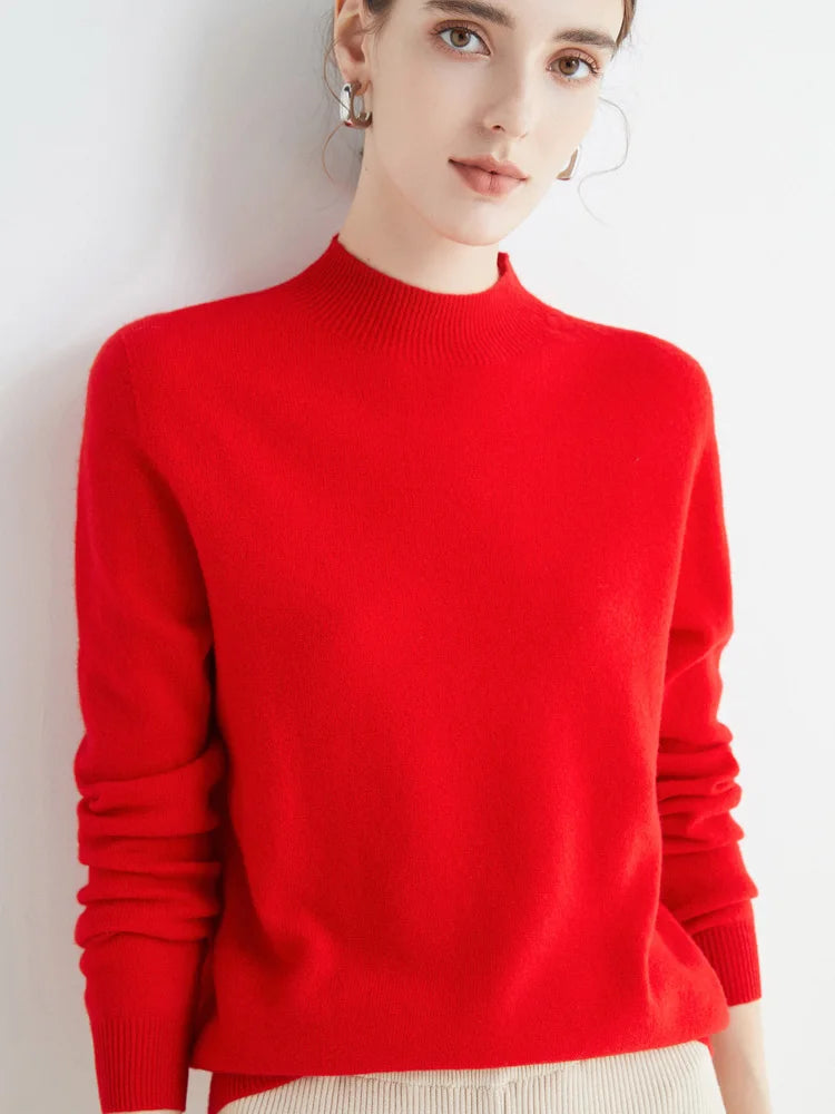 First-Line Seamless Women's Half-Turtleneck 100% Pure Wool Sweater Solid Color Long Sleeve Pullover Knitted Bottoming Sweater