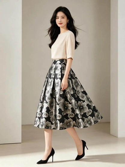 High Quality New Autumn Vintage Hepburn Embroidery Jacquard Puffy Skirt Elegant High Waist Mid-length Casual A-line Long Skirts