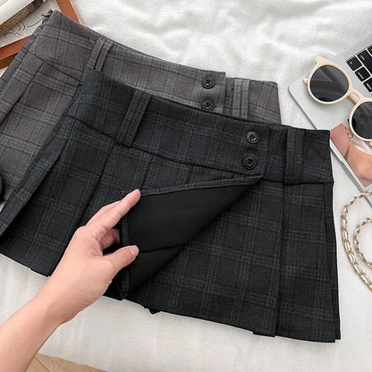Women Khaki A-line Plaid Pleated Skirt Vintage Fashion Y2K Gyaru Skirt High Waist Preppy Style Retro Midi Skirt for Women Summer