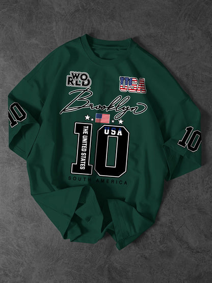 Men's & Women's USA Brooklyn 10 Varsity Graphic T-Shirt American Flag Print Y2K Streetwear Oversized Crew Neck Tee