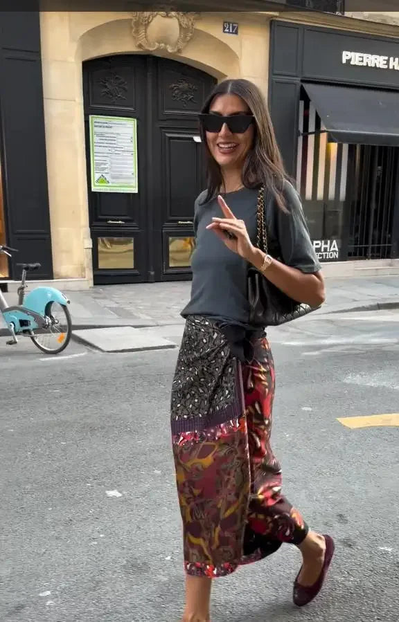 Women's Boho Printed Wrap Midi Skirt Self‑tie Satin High‑waist Split Loose Long Skirts 2026 New Summer Holiday Street Clothes