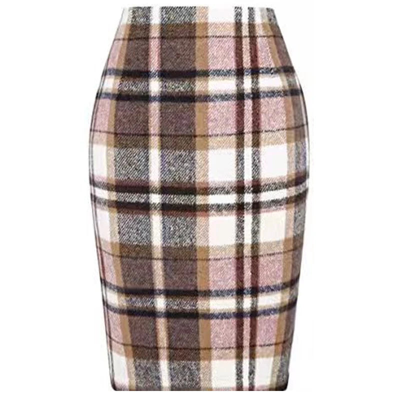 Women Tartan Plaid Thick Woolen Pencil Skirt Lined Back Invisible Zipper High Waist Bodycon Midi Skirt For Daily Casual Outings