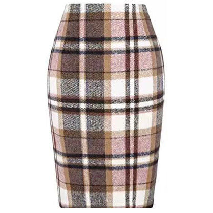 Women Tartan Plaid Thick Woolen Pencil Skirt Lined Back Invisible Zipper High Waist Bodycon Midi Skirt For Daily Casual Outings