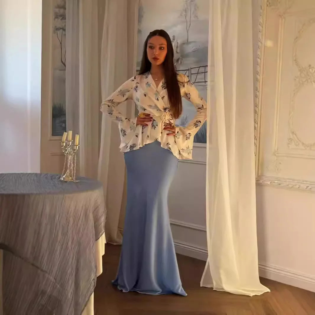 Women 2 Piece Set Muslim Blouse Skirt Flower Print Top Morocco Dubai Islam Outfits 2025 Arabic Elegant Ensemble Long Skirts Suit