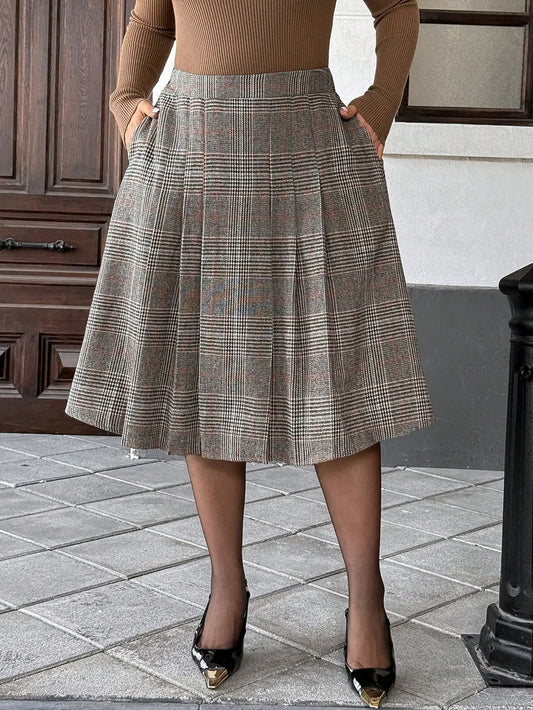 Retro Plaid A-Line Skirt - High Waisted Pleated Midi Skirt in Warm Tones for Fall & Winter Outfits