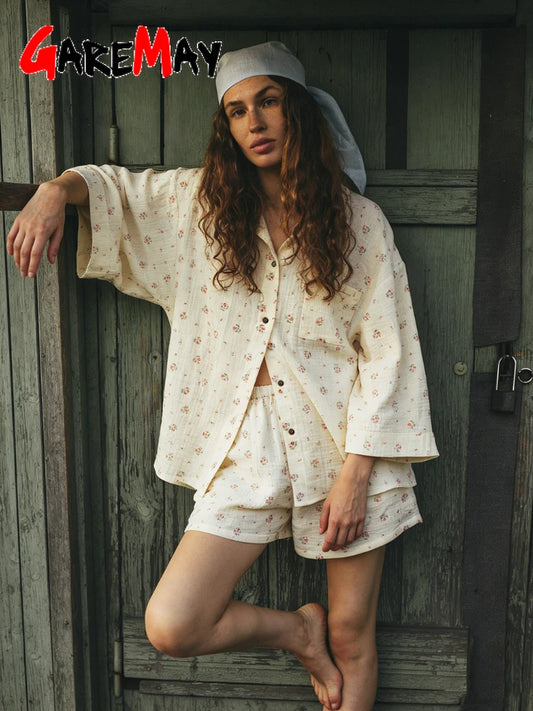 Women's Summer Suit with Shorts Cotton Muslin Beach Two Piece Set Women Vintage Classic Suit Shirt and Shorts for Women Light
