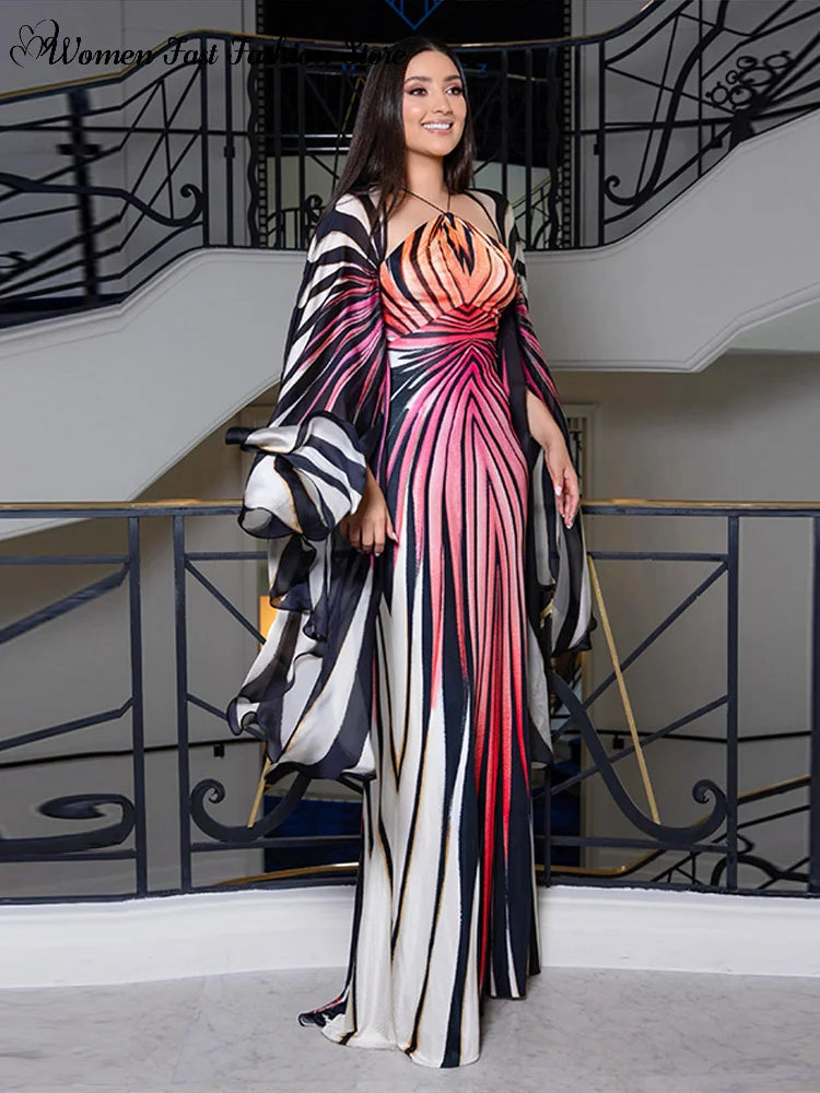 Printed Batwing Sleeve Halter Party Dress Women's Sexy Backless Full Sleeved Maxi Dresses 2026 Autumn Lady Evening Gown