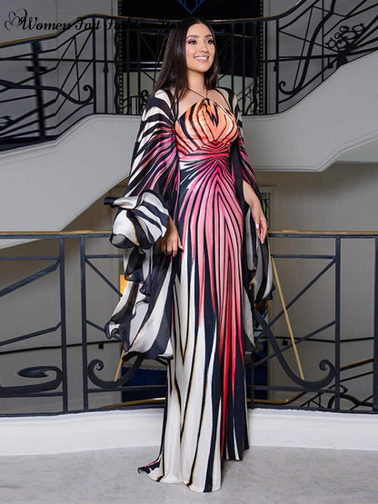 Printed Batwing Sleeve Halter Party Dress Women's Sexy Backless Full Sleeved Maxi Dresses 2026 Autumn Lady Evening Gown