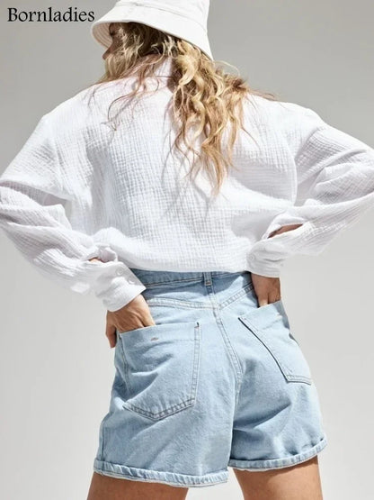 Bornladies 2025 Women's Spring Summer 100% Cotton Shirts Office Lady  Fashionable Solid Lady Long Sleeve Loose Tops Crepe Shirts