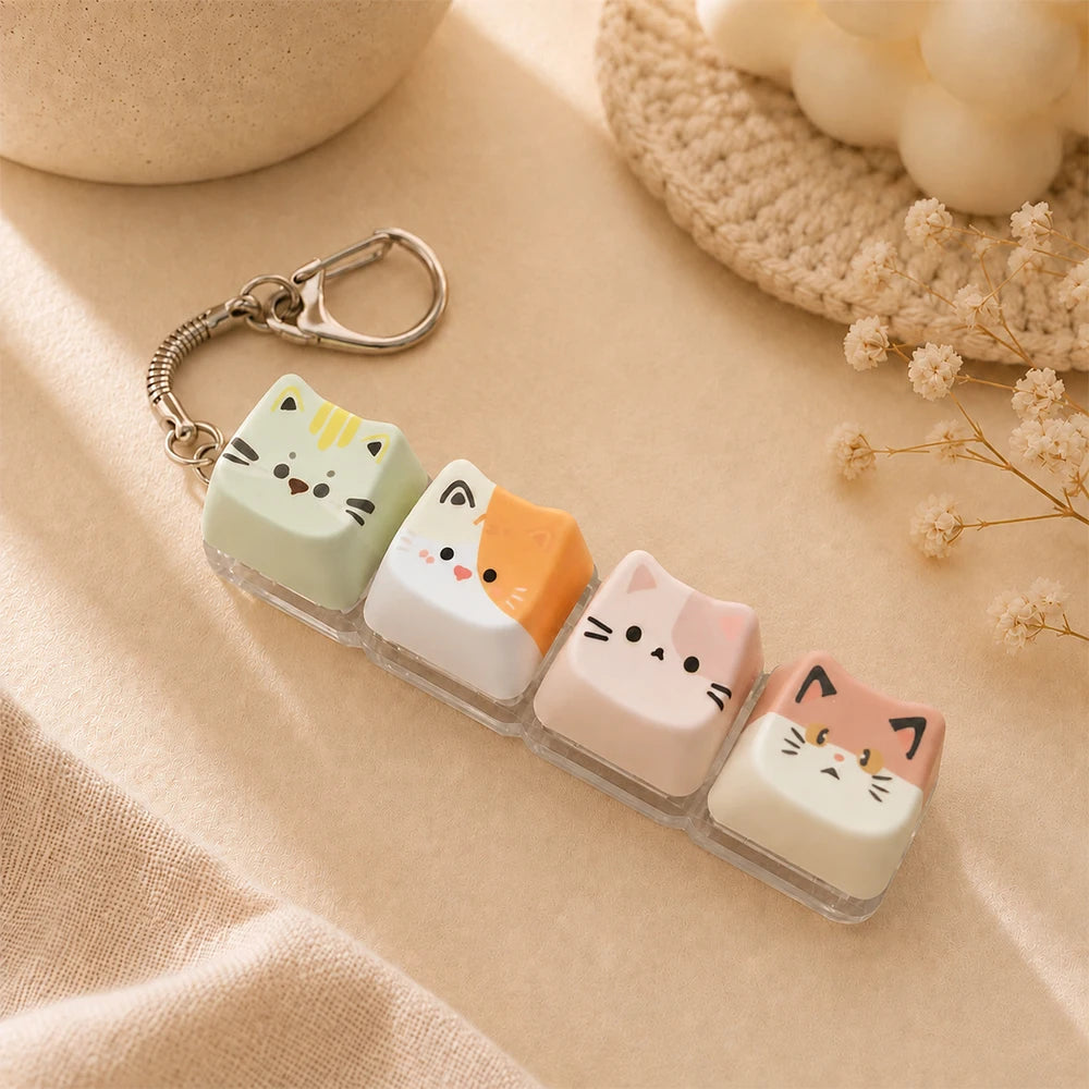 Cute Cat Relax Button Keycap, Kawaii Cat 4-Key Keyboard Fidget Toy for Friends Gift, Portable Fidget Keychain Fashion Bag Charm