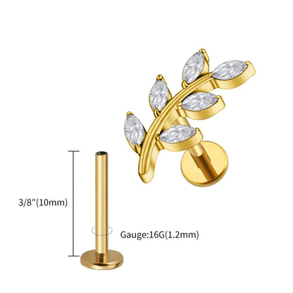 Right Grand ASTM F136 Titanium 16G Marquise CZ Leaves Stud Earring Leaf Shaped Helix Cartilage Conch Flat Back Piercing Jewelry
