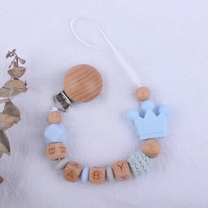 Handmade Beech Wood Baby Pacifier Chain Crown Silicone Beads Infant Appease Soother Clips Anti-Drop Dummy Holder Nipple Clip