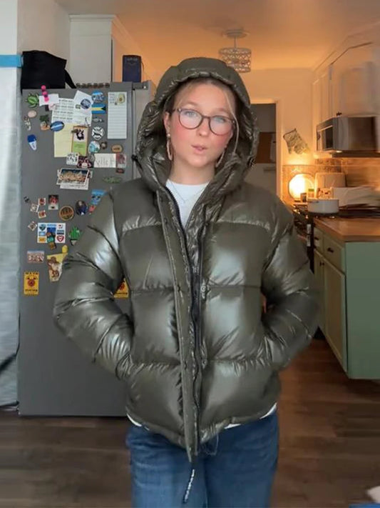 Women's Olive Green Cropped Puffer Jacket