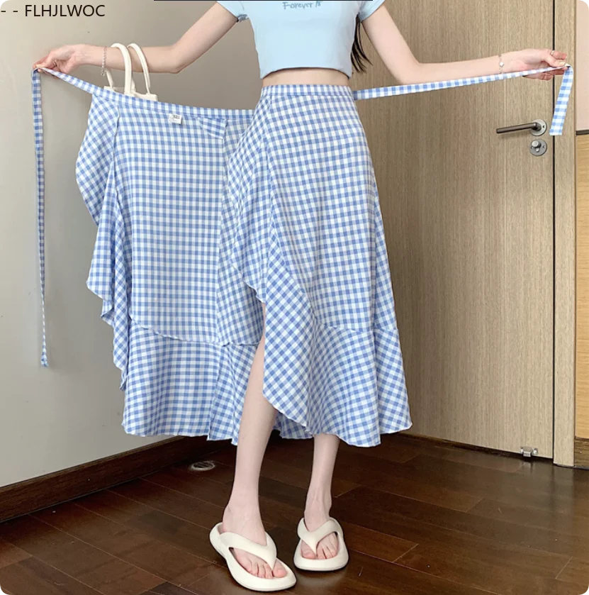 2025 Chic Korea Clothes Summer Women Cute Sweet GIrl Floral Robe Holiday Date High Waist Retro Vintage One-Piece Lace-Up Skirts