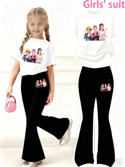 Girls' Summer Short-Sleeved Casual Outfit with Anime Character Print, Regular Short-Sleeved Top and Flared Pants Two-Piece Set, Suitable for Girls Aged 4-12, Versatile Clothing for Home and Outings