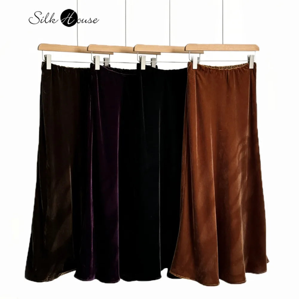 2026 Women's Early Spring New Plus Size Elegant 30% Natural Mulberry Silk Velvet Premium Versatile Solid Color Fishtail Skirt