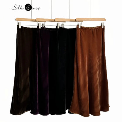 2026 Women's Early Spring New Plus Size Elegant 30% Natural Mulberry Silk Velvet Premium Versatile Solid Color Fishtail Skirt