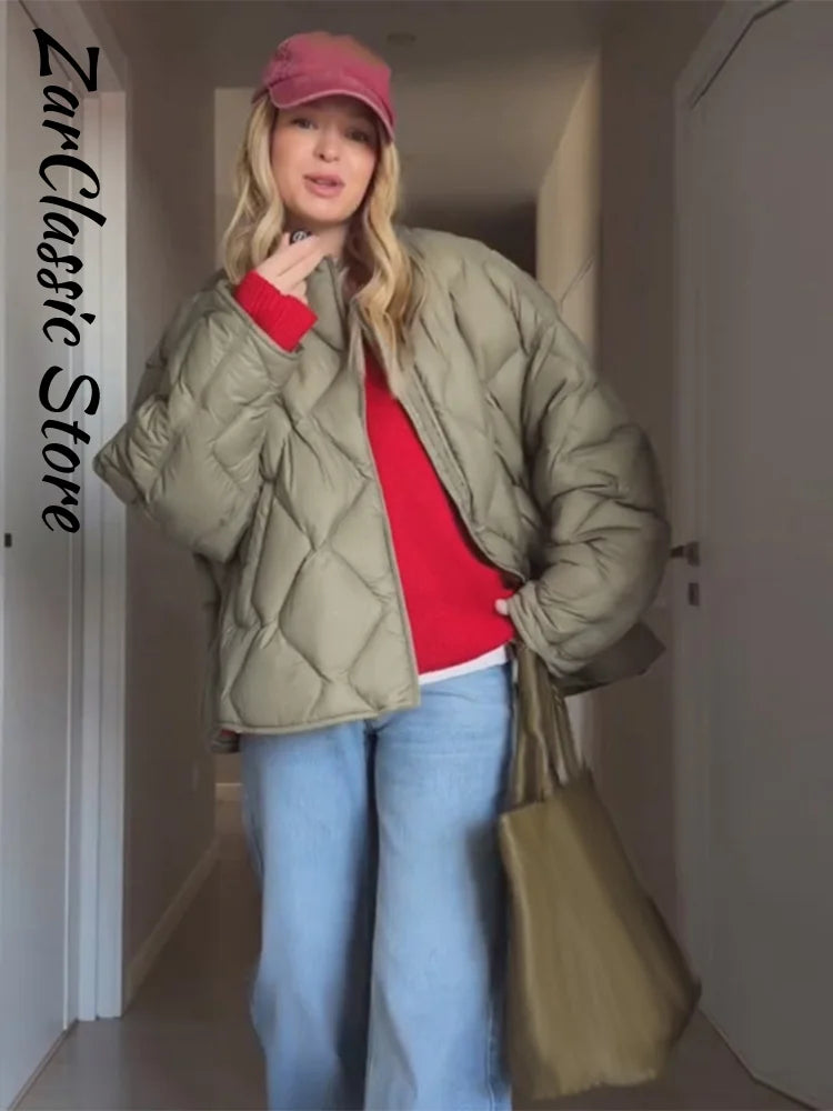 Elegant Women's Winter Jacket Casual Round Neck Zip-up Full Sleeve Loose Quilted Padded Coats New Fashion Warm Outwear 2026