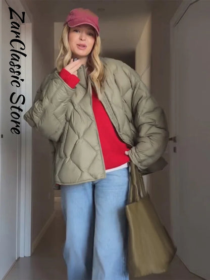 Elegant Women's Winter Jacket Casual Round Neck Zip-up Full Sleeve Loose Quilted Padded Coats New Fashion Warm Outwear 2026