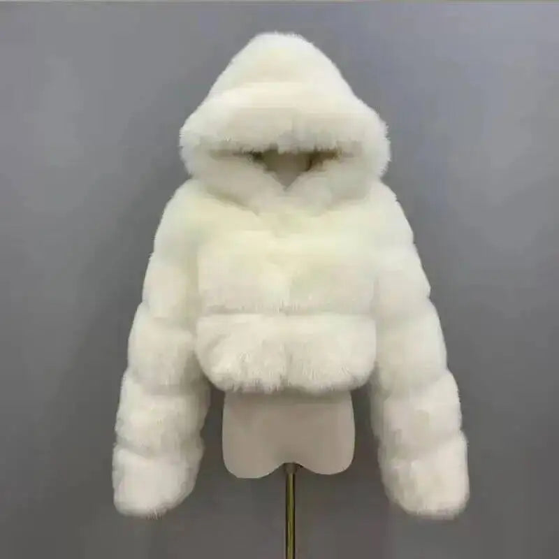 S-6XL Women Coat Autumn Winter Short Hooded Faux Fox Fur Coat Thick Warm Outerwear Fake Fur Woman Jackets Ladies Furry Coats