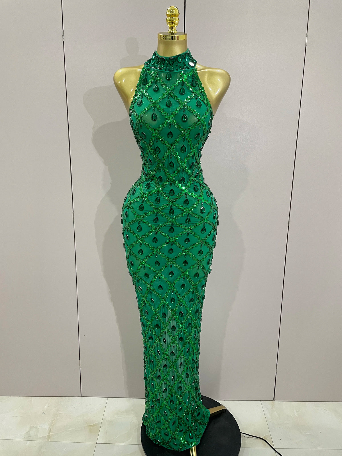 Newest Shiny Diamond Sequins Green Sexy Mesh Long Dress Women Celebrate Evening Prom Birthday Party Nightclub Stage Costume