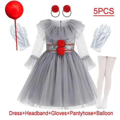 Scary Grey Joker Clown Costume for Kids Horrible Cosplay Dress Set 2026 Halloween Carnival Party Outfit Boys Girls