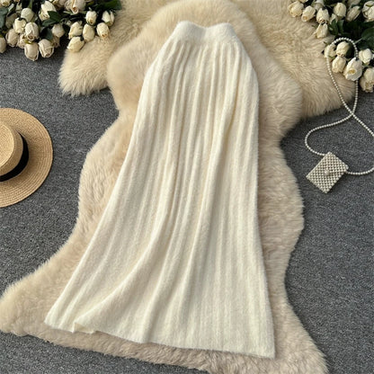 KARWomen Faux Mink Knit Pleated Midi Skirt High Waist Warm Fluffy A-Line Long Skirt Elegant Autumn Winter Solid Color Skirts 690