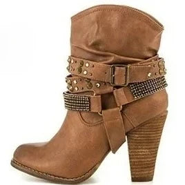 Autumn Winter New Women Mid-Calf Boots Rivet Metal Decoration PU Square Heel Belt Pleated Sexy Plus Size 36-43 Women Shoes