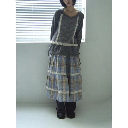 MEXZT Harajuku Plaid Midi Skirt Women Japanese Vintage Lace Patchwork Skirts Summer Streetwear Grunge Casual A Line Faldas New