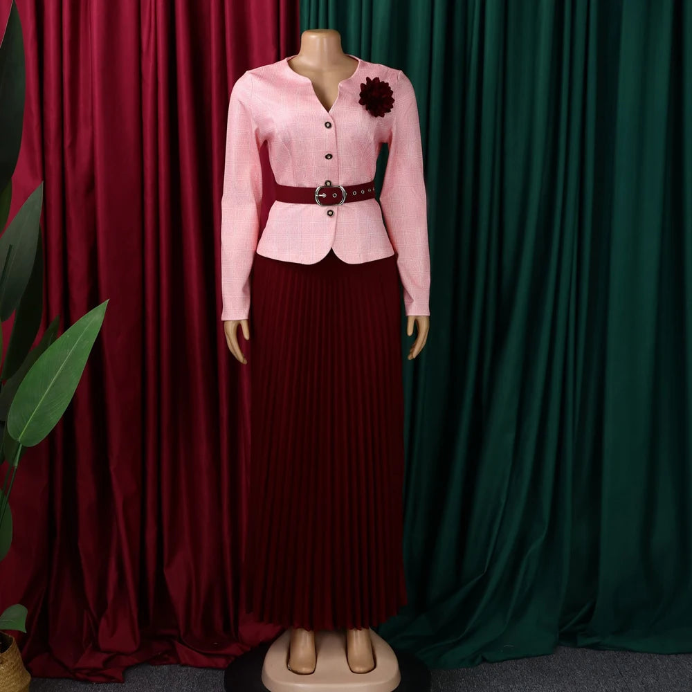 JENYAGE Women 2 Piece Plaid Long Sleeve Jacket & Pleated Midi Skirt Set Elegant Formal Church Business Party Matching Suit