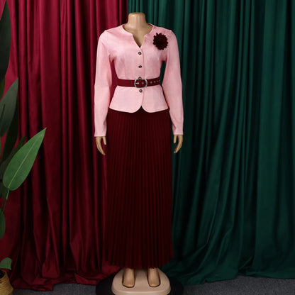 JENYAGE Women 2 Piece Plaid Long Sleeve Jacket & Pleated Midi Skirt Set Elegant Formal Church Business Party Matching Suit