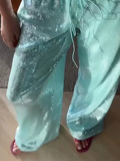 Y2K Sequin Lace Up Pants Women Elastic Low Waist Wide Leg Trousers Female 2026 Spring Summer Lady Shiny Party Clubwear Street