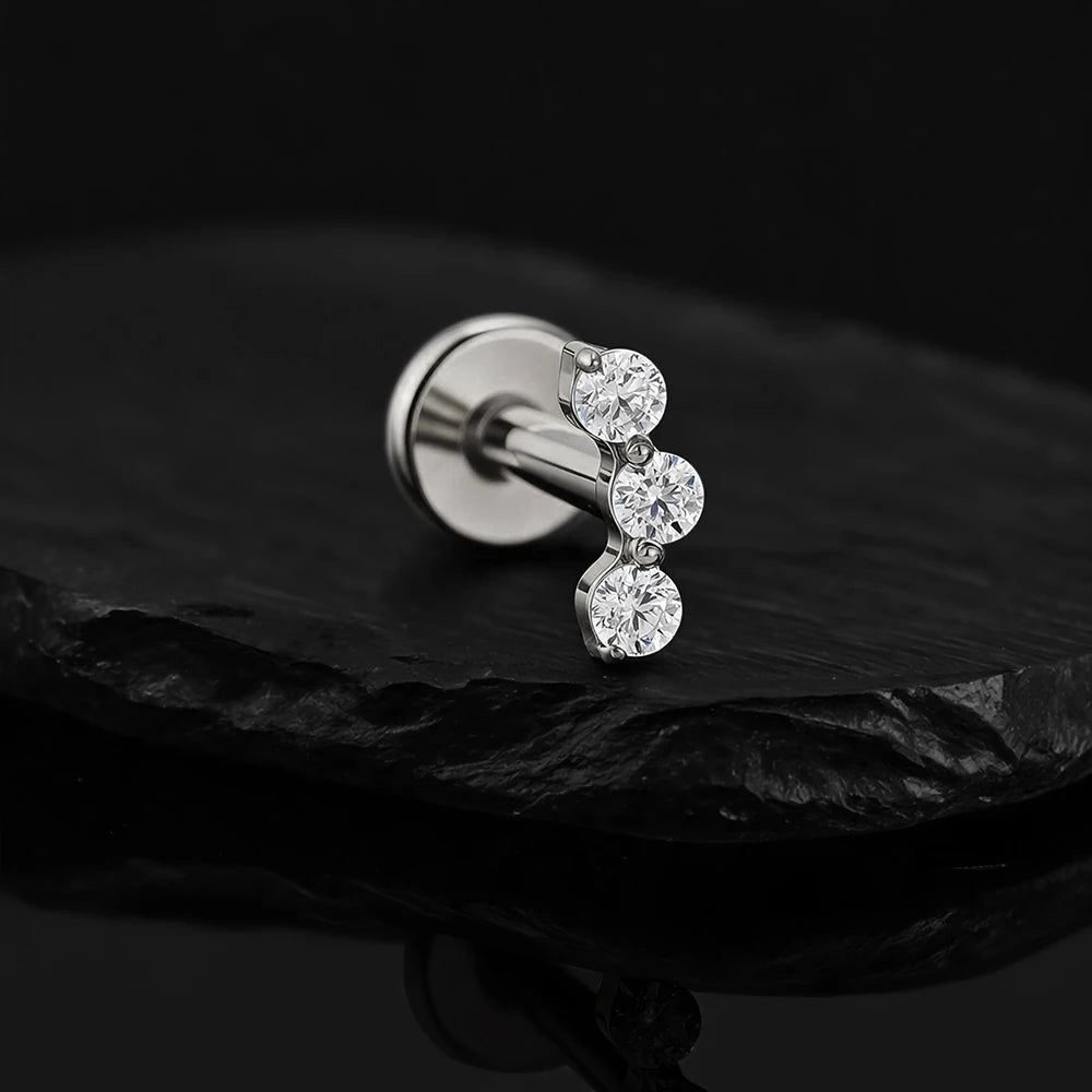 Right Grand ASTM F136 Titanium Triple CZ Helix Tragus Flat Back Earring 16G Dainty Ear Climber Cartilage Stud Piercing Jewelry