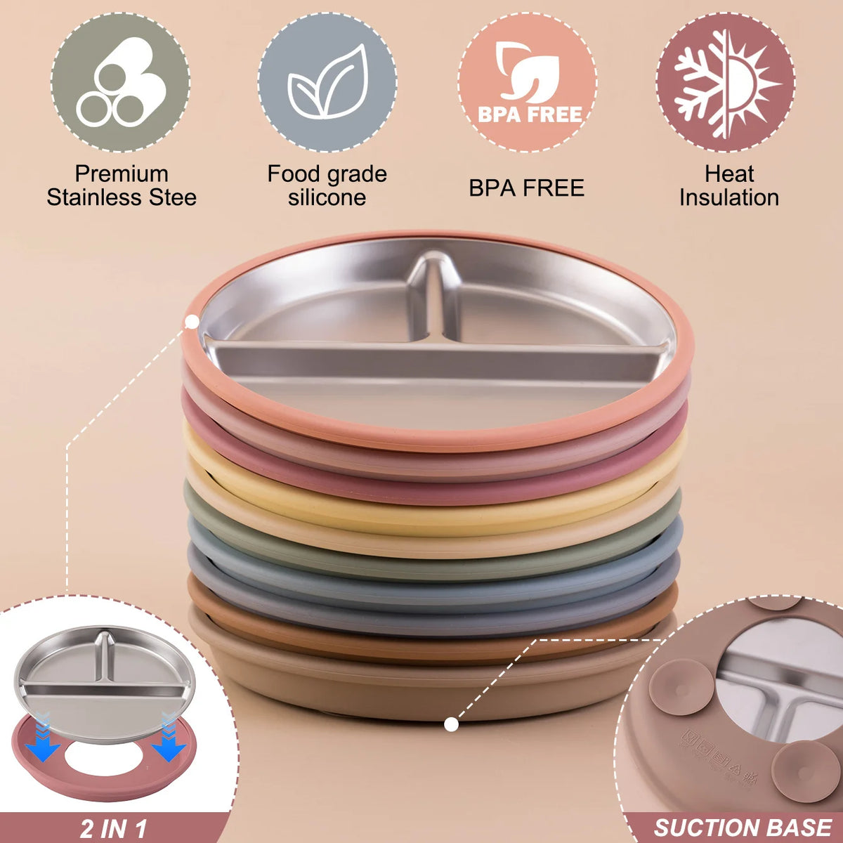 Color Kids 1PCS Stainless Steel Plate Detachable Suction Dishes Baby Feeding Sucker Bowl Food Grade Silicone Food Tray Tableware