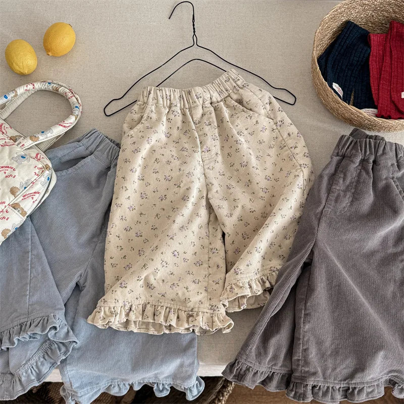 deer jonmi 2026 New Spring Baby Girls Wide Leg Pants Floral Printed Korean Style Corduroy Ruffles Toddlers Kids Casual Trousers
