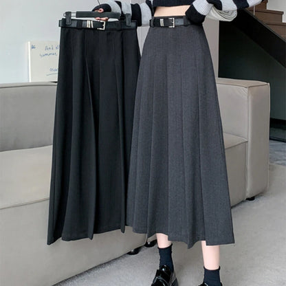 1pcs Women Skirts Vintage High Waist Elastic Pleated Skirt Black Design Chic Long A-line Skirt Spring Summer Fashion Clothes