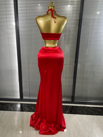 Shining Rhinestones Heart Women Sexy Halter 2 Pieces Bodycon Long Maxi Dress Nightclub Party Celebrate Performance Costumes