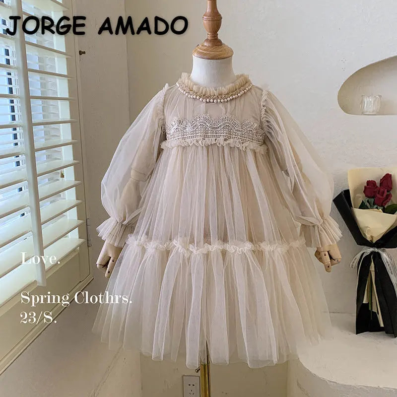 Girl Princess Dress Round Collar Long Sleeves Baby Party Dress with Pearl Mesh Suitable for Children E99011