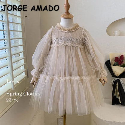 Girl Princess Dress Round Collar Long Sleeves Baby Party Dress with Pearl Mesh Suitable for Children E99011